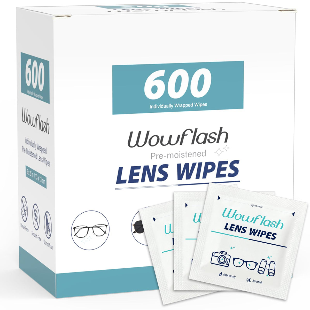 Wowflash eyeglasses lens wipes 600-count box for clear, streak-free vision.