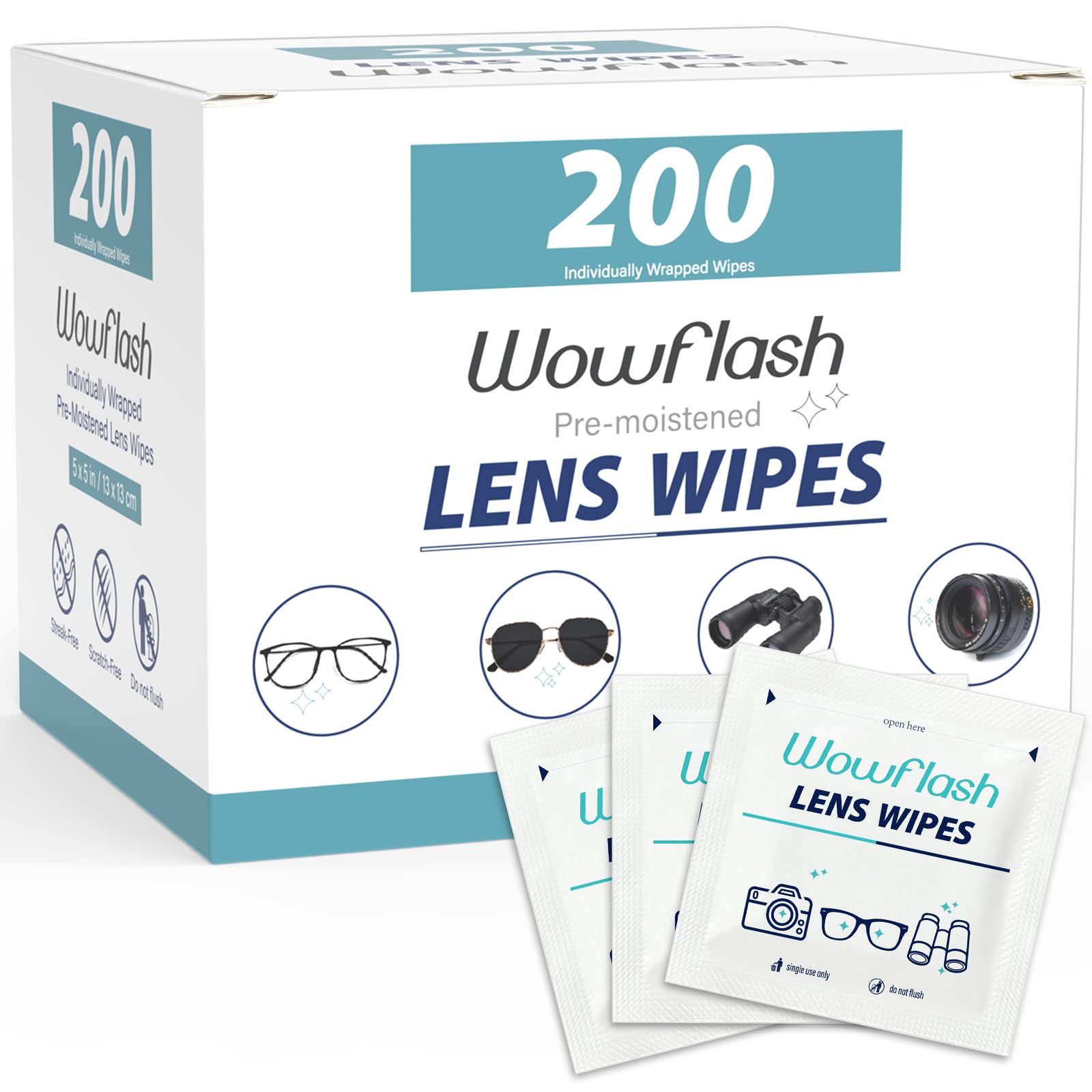 Wowflash 200 count lens wipes bottle showing compact packaging and wipes for clear vision