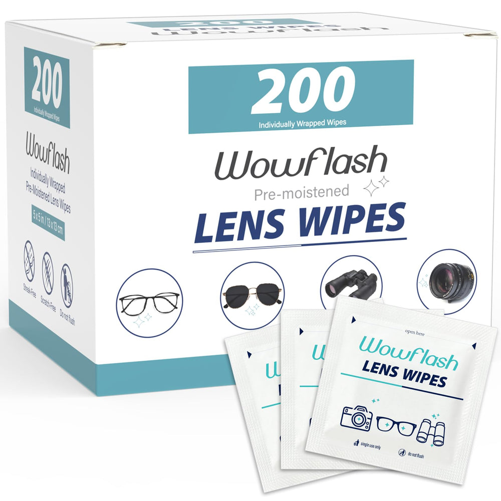 Wowflash 200 count lens wipes bottle showing compact packaging and wipes for clear vision