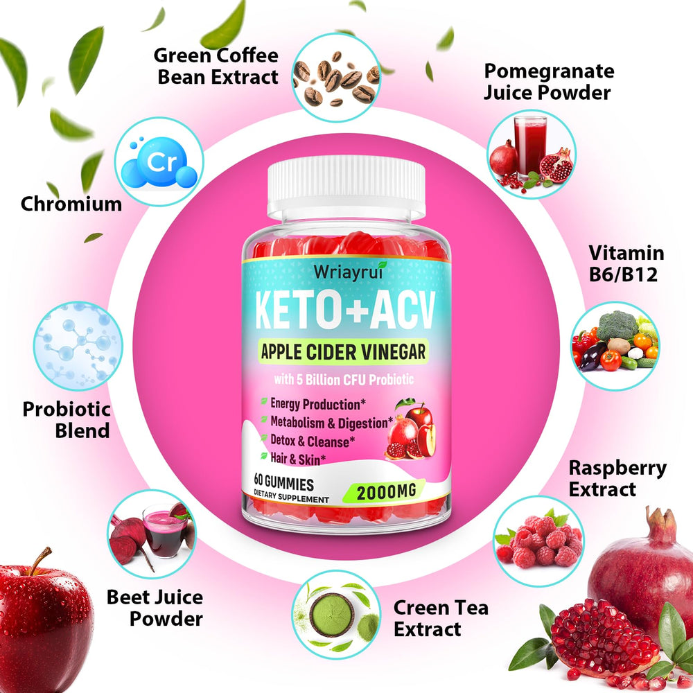 Wriayrui ACV gummies with probiotics, promoting gut balance and immune support.