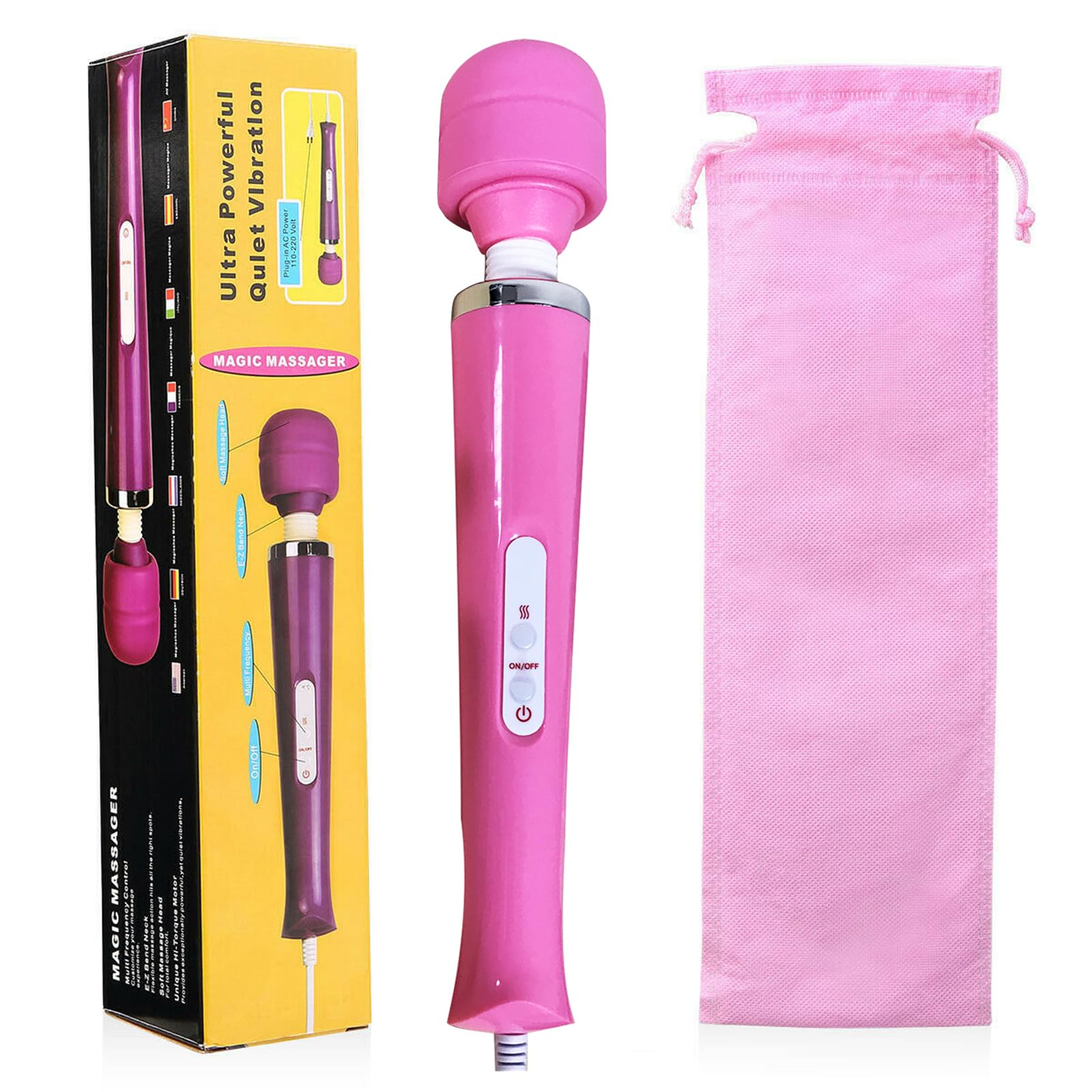 Wrrozz pink massager wand closeup showing ergonomic design for neck and back.