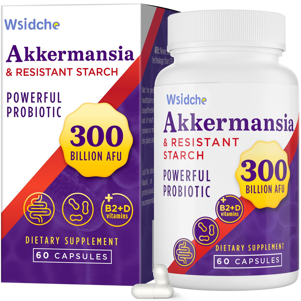 Wsidche Akkermansia 300B bottle front promoting gut health support.