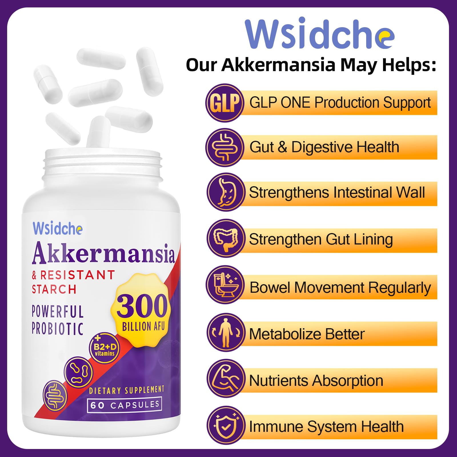 Wsidche Akkermansia muciniphila capsules close-up highlights potent probiotic.