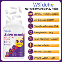 Wsidche Akkermansia muciniphila capsules close-up highlights potent probiotic.