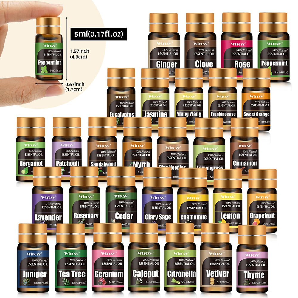 Wtrcsv essential oils bottle lineup shows 30 scents for personalized blends.