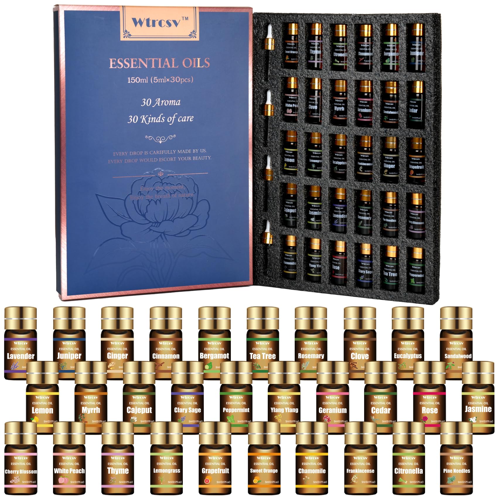 Wtrcsv essential oils set bottles arranged for easy diffusing and customization