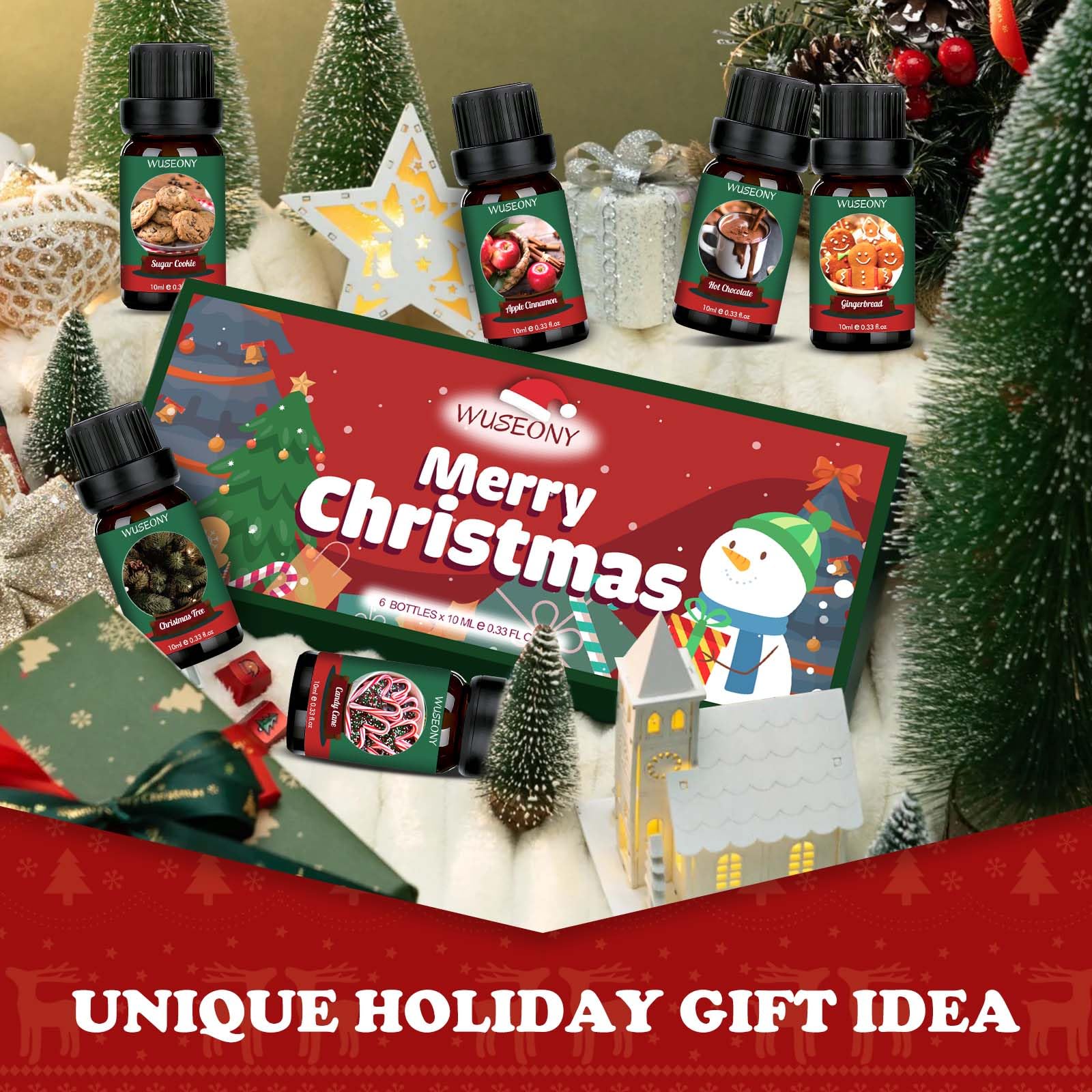 WUSEONY Christmas oil set packaging showcases six festive scents for gifting.