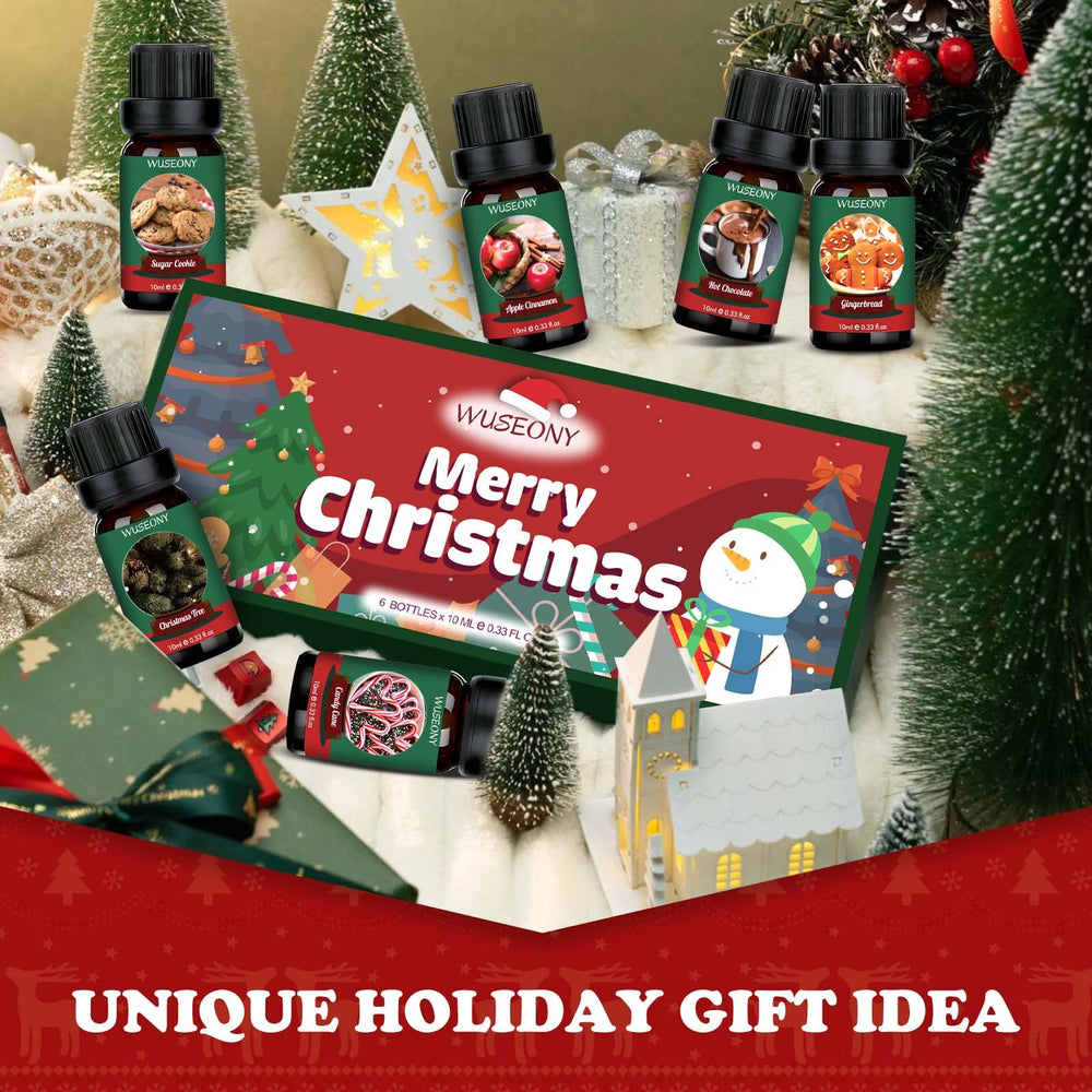 WUSEONY Christmas oil set packaging showcases six festive scents for gifting.