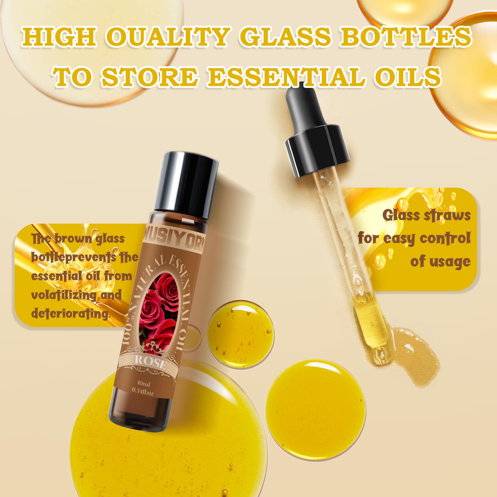 Wusiyork Rose essential oil packaging shows compact bottle and droplet precision.