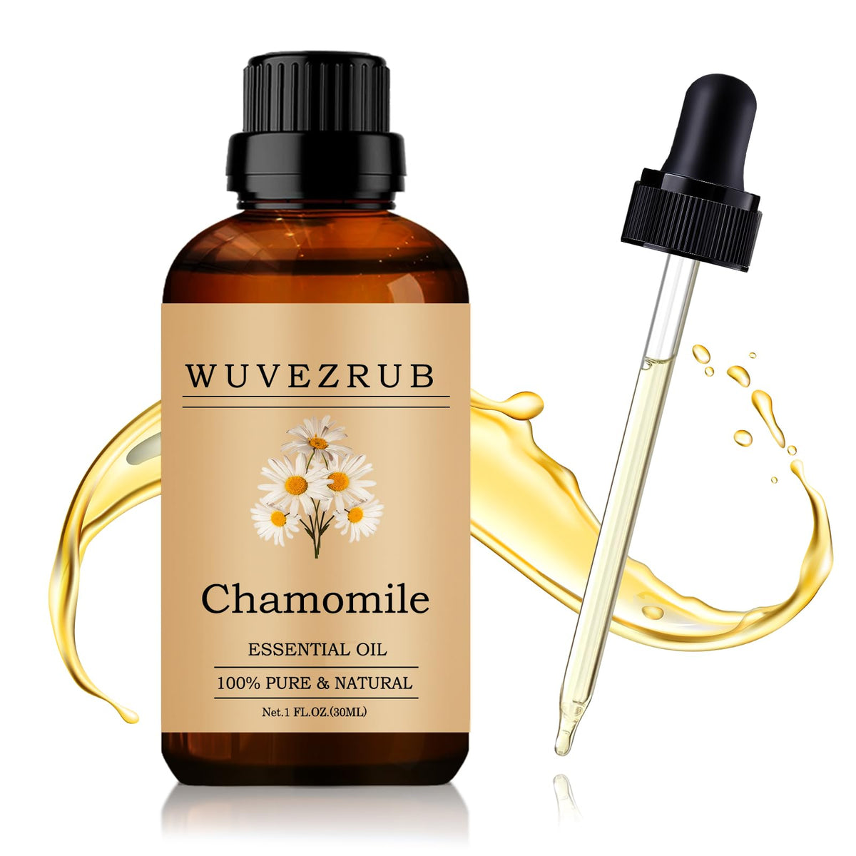 Wuvezrub Chamomile essential oil bottle for pure aromatherapy diffusion.