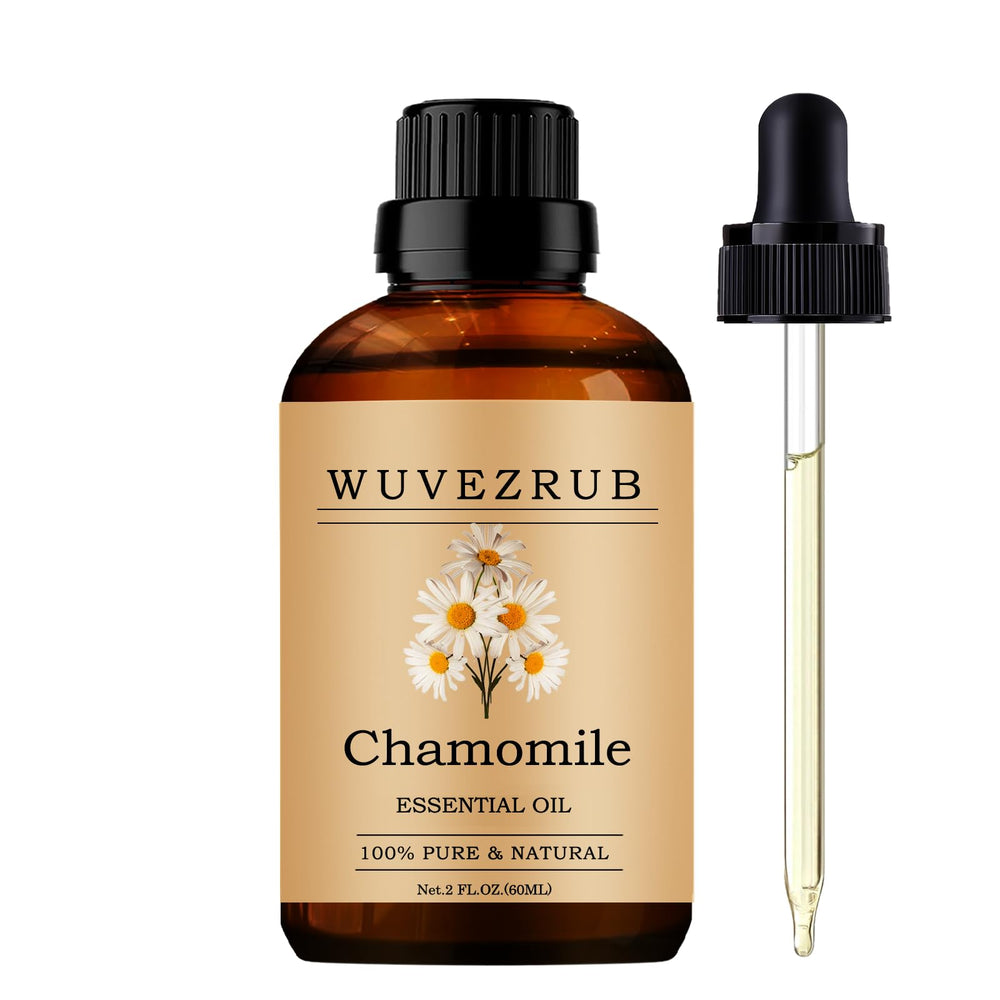 Wuvezrub Chamomile oil bottle for controlled pouring and aroma release.