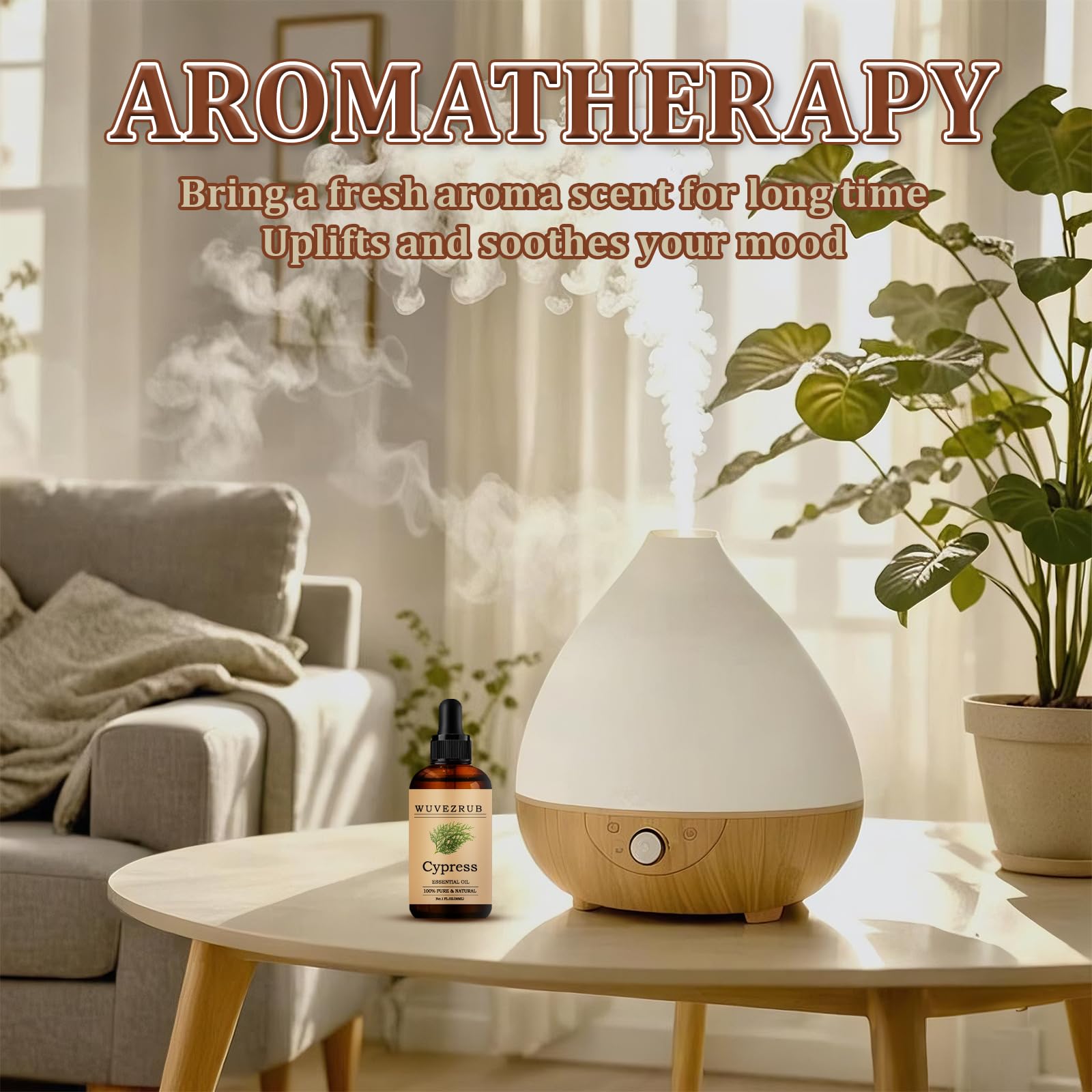 Wuvezrub Cypress Oil bottle beside a diffuser showing aromatherapy setup.