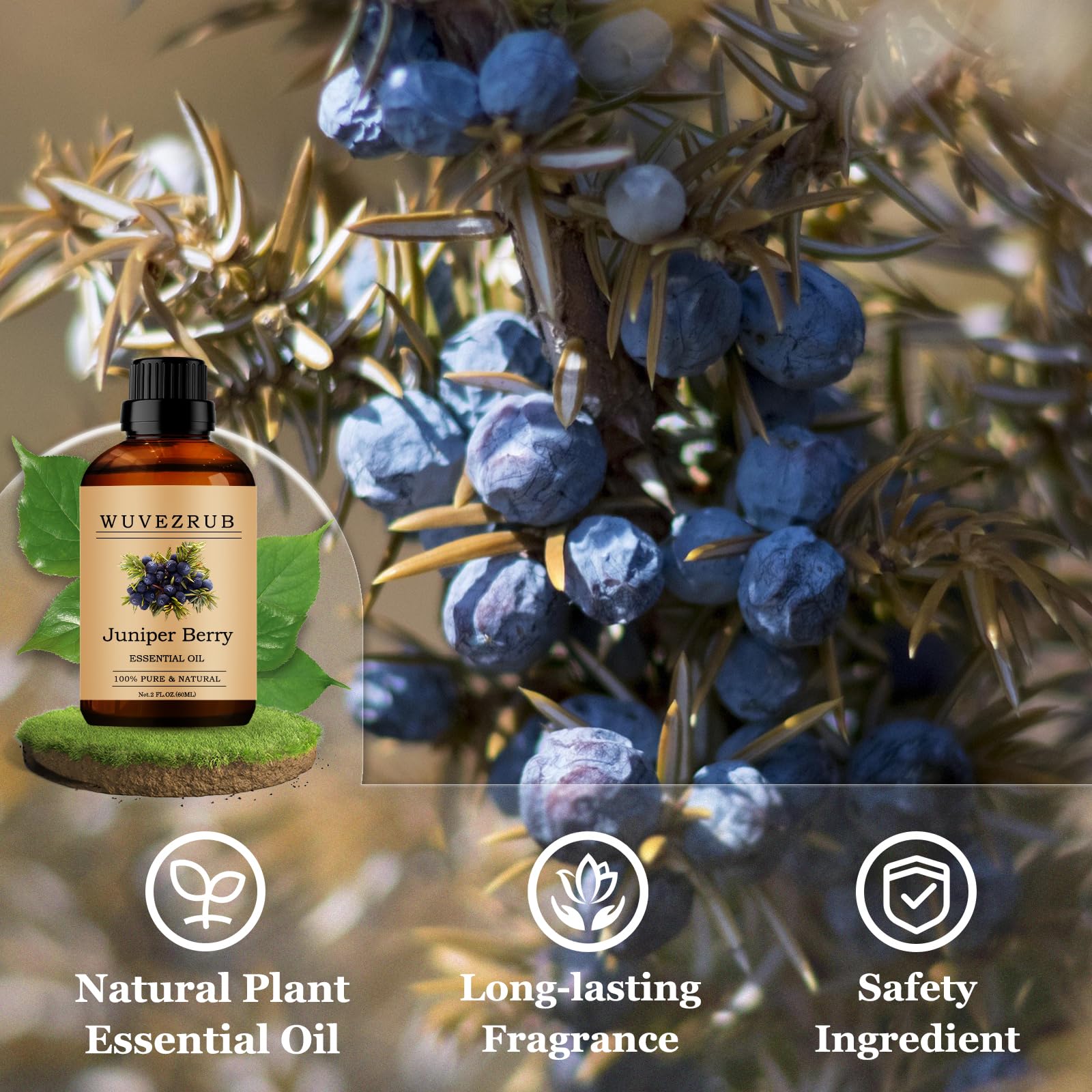 A dropper releases Wuvezrub Juniper Berry oil for an easy aroma boost.