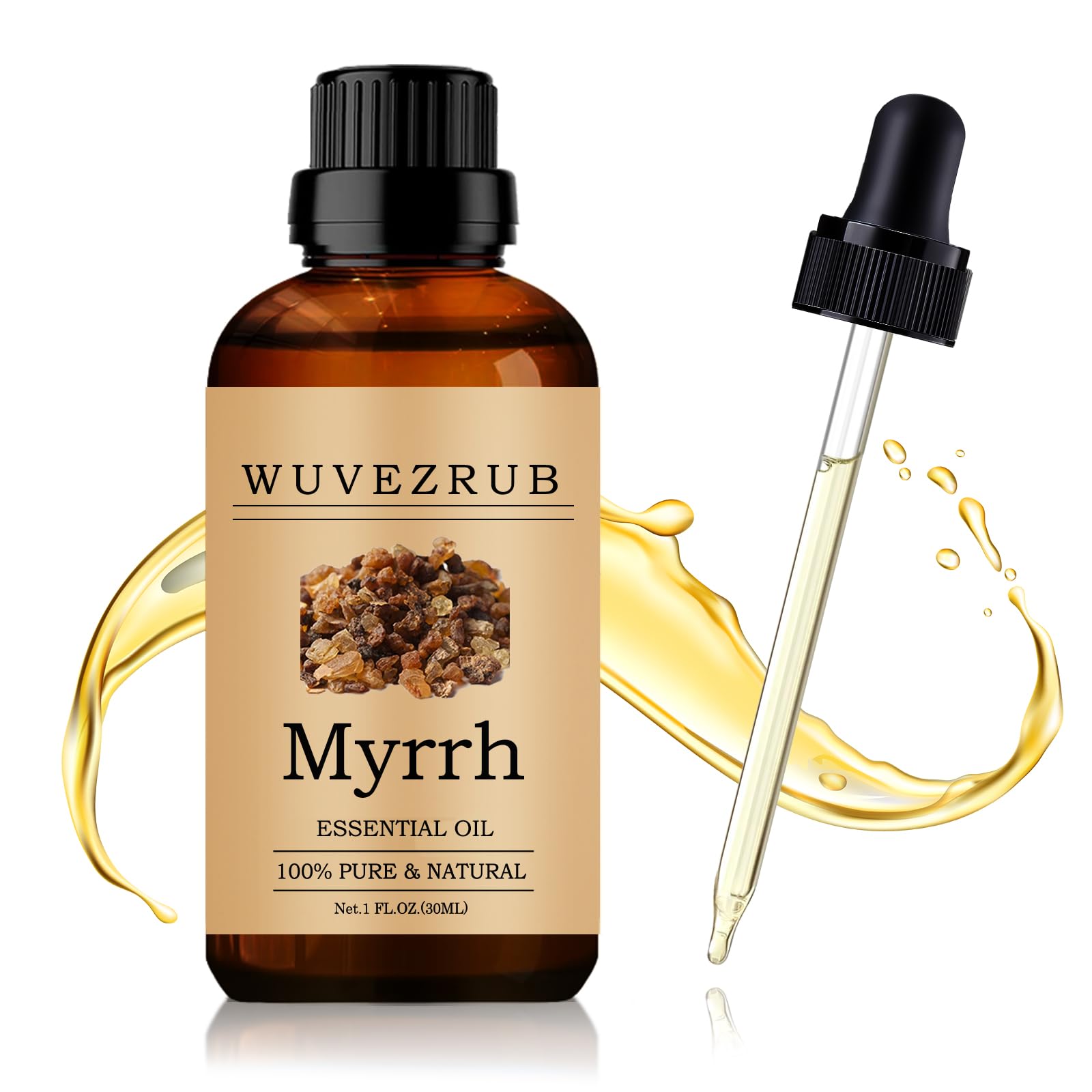 Wuvezrub Myrrh essential oil bottle close-up, highlighting pure steam-distilled formula for aromatherapy.