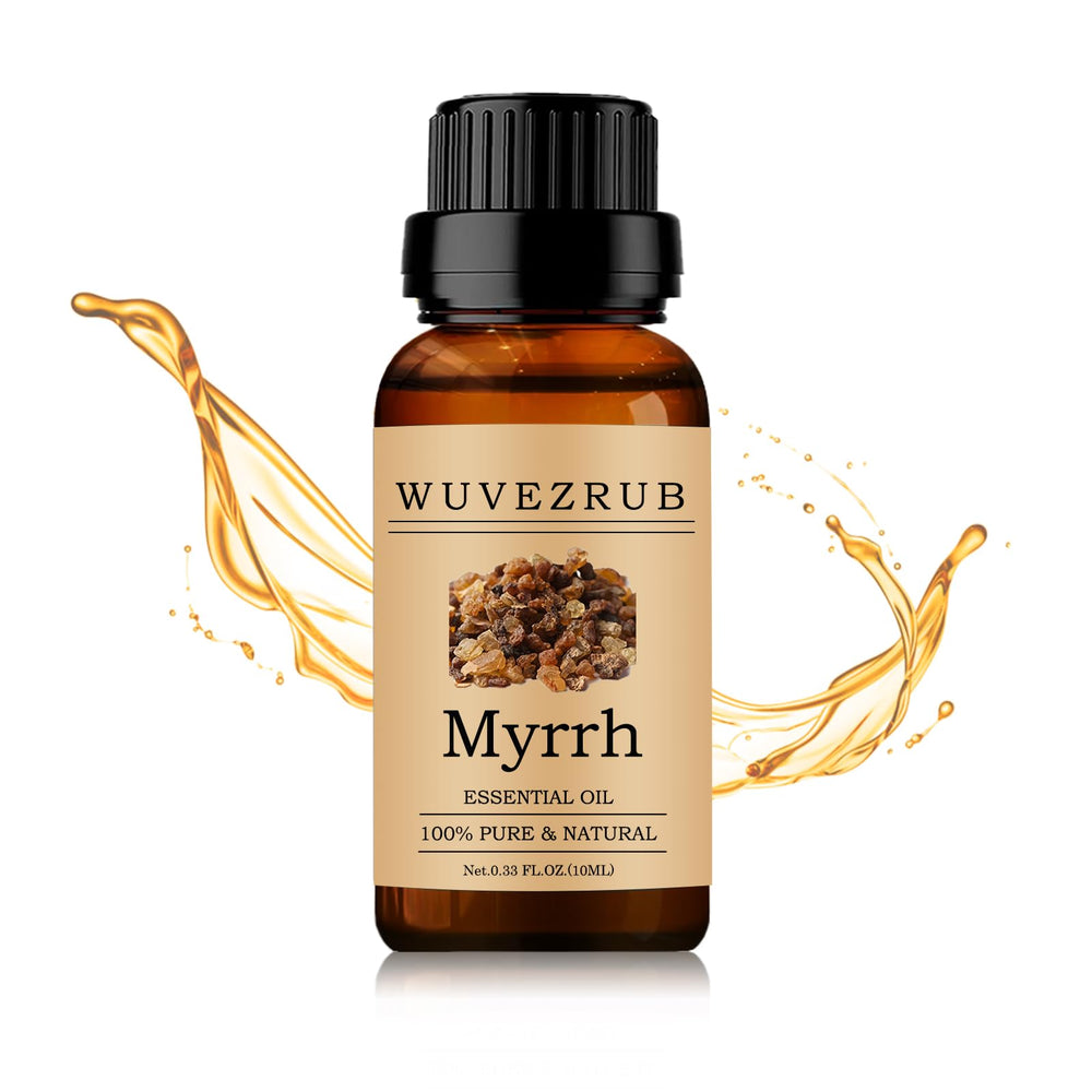Wuvezrub Myrrh essential oil bottle front for calming diffuser sessions