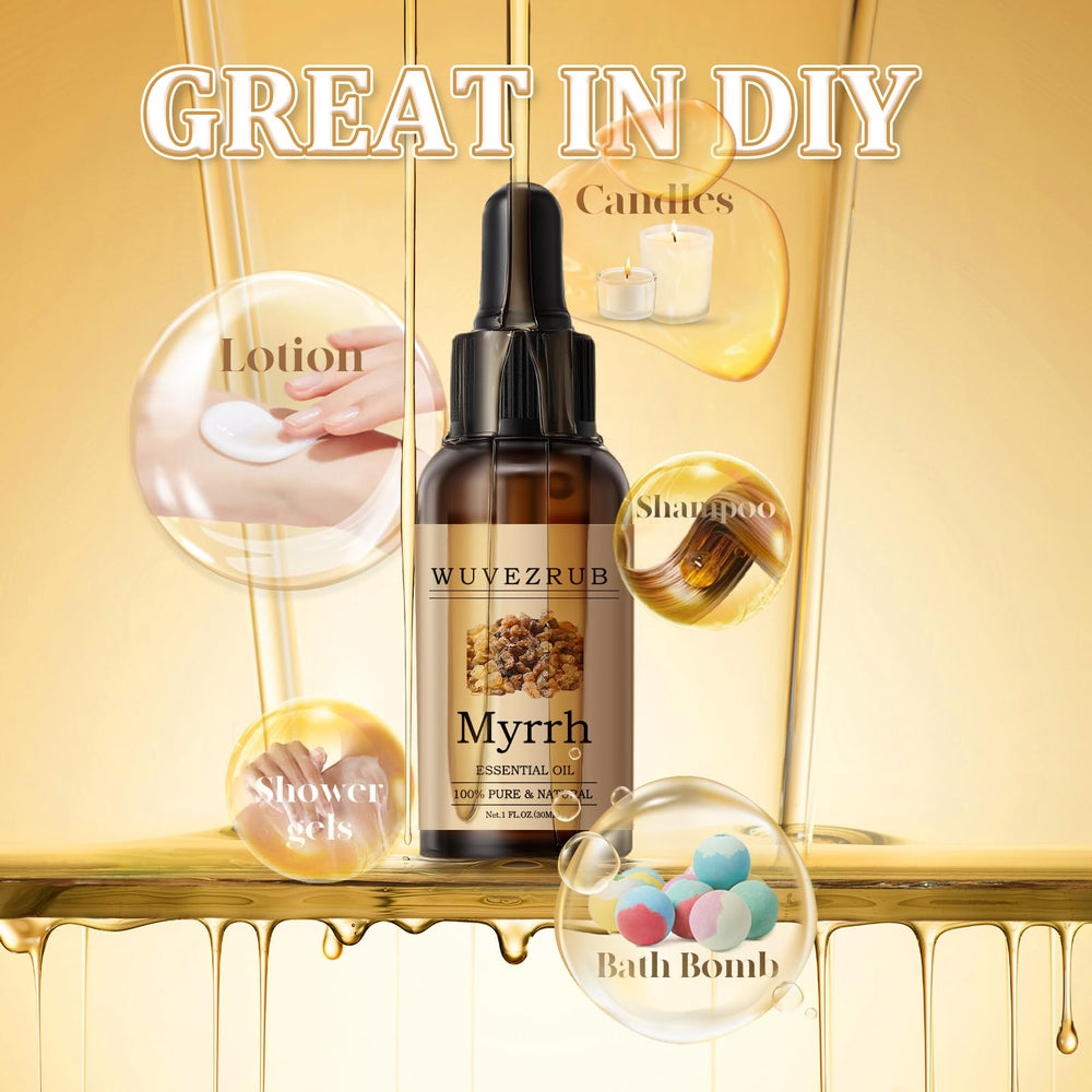Wuvezrub Myrrh essential oil dropper close-up enables safe dispensing.
