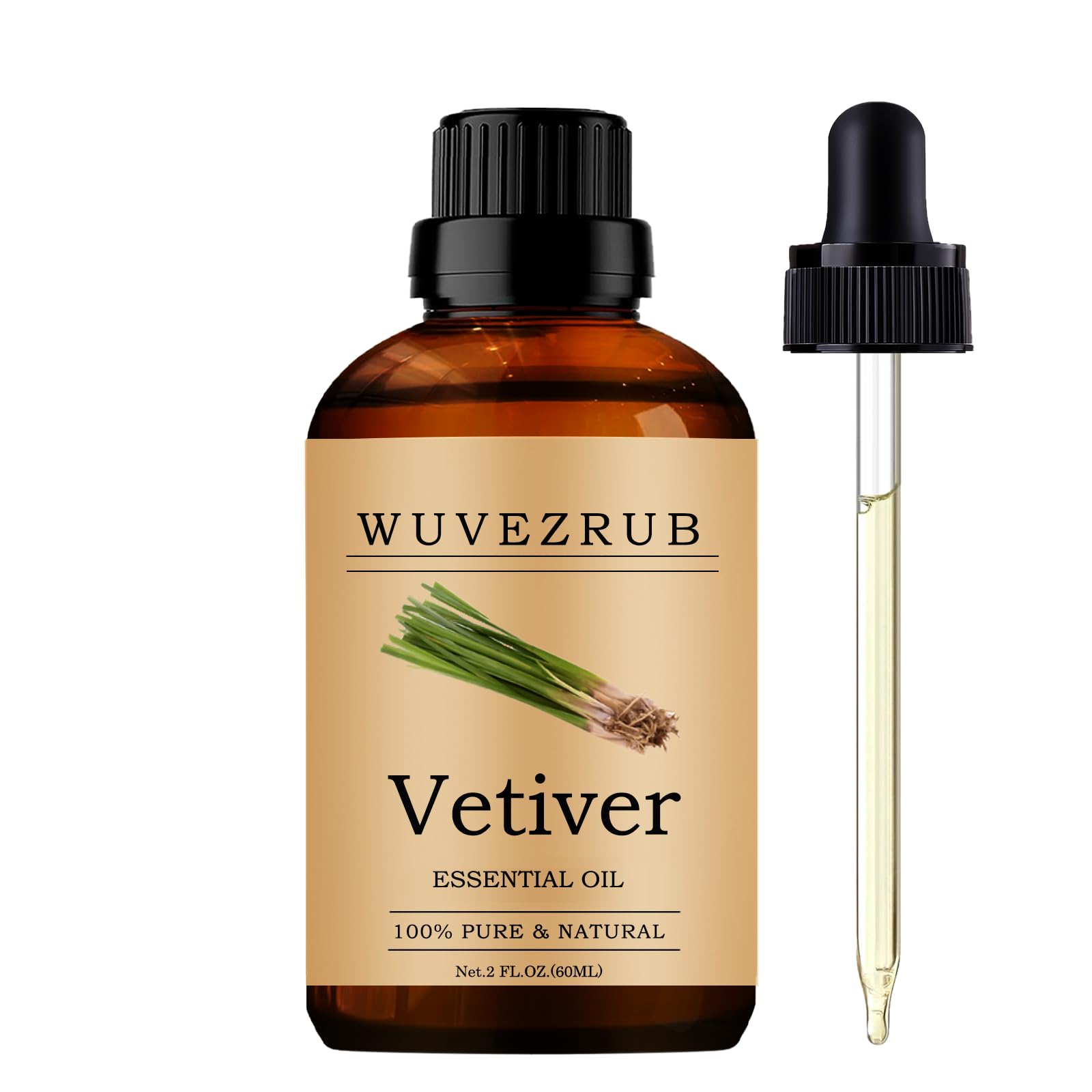 Wuvezrub Vetiver essential oil bottle ready for diffuser, creating a warm, calming atmosphere.