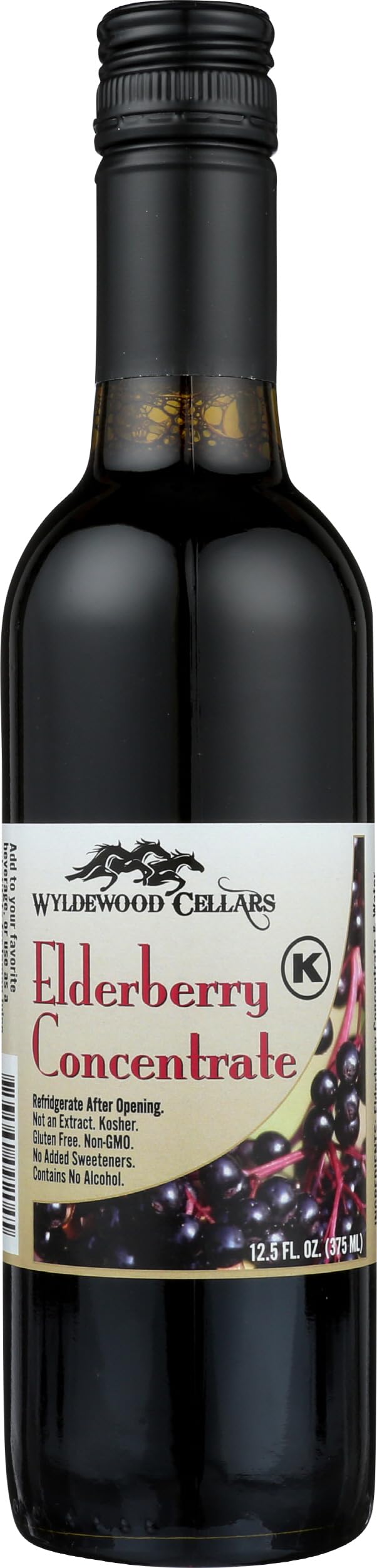 Wyldewood Cellars Elderberry Concentrate bottle front showing convenient serving size.