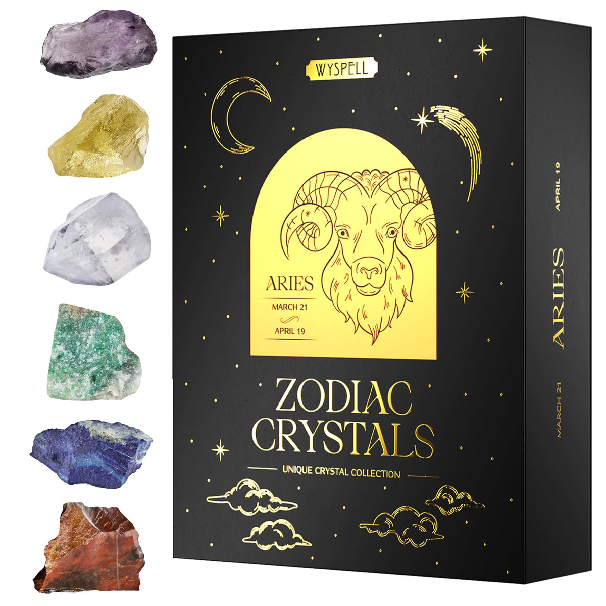 Wyspell Aries Crystal Set box with illuminated gold stamping, ideal as a thoughtful astrology gift