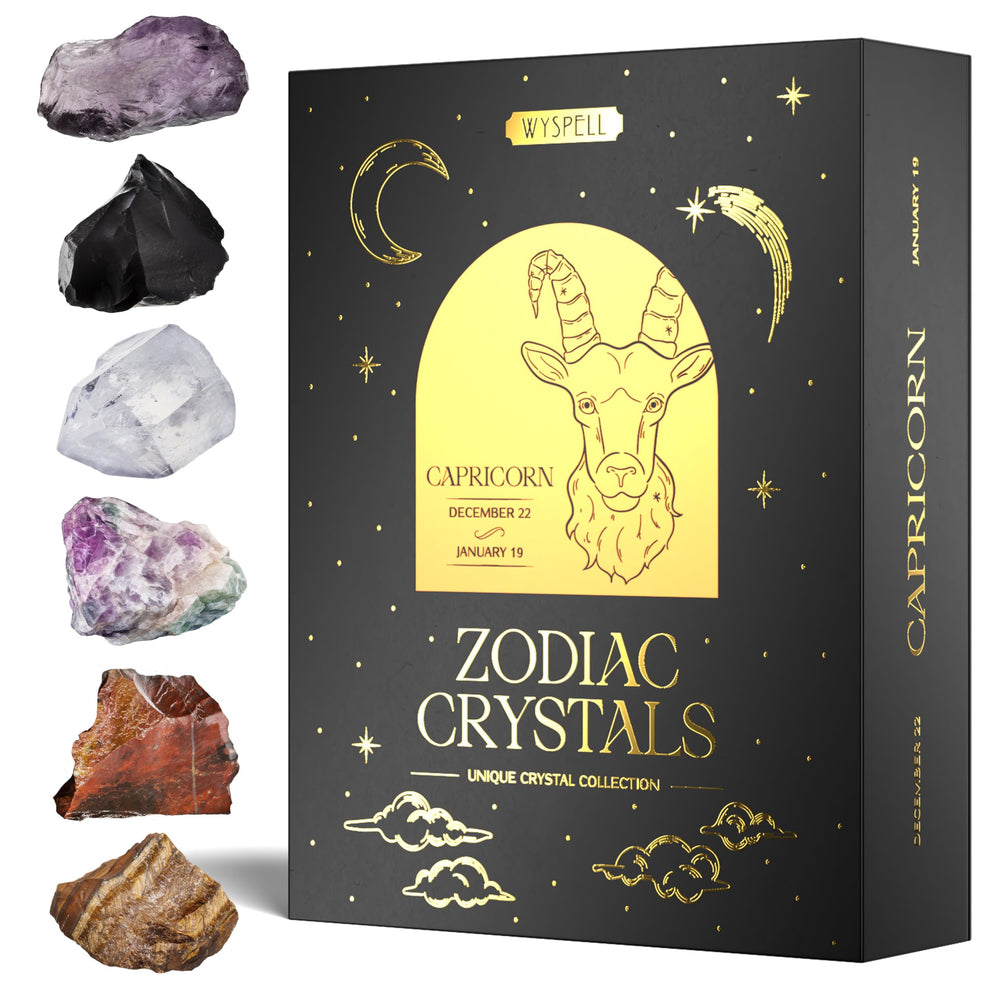 Wyspell Capricorn Crystal Set packaging with gold stamp for gifting and display