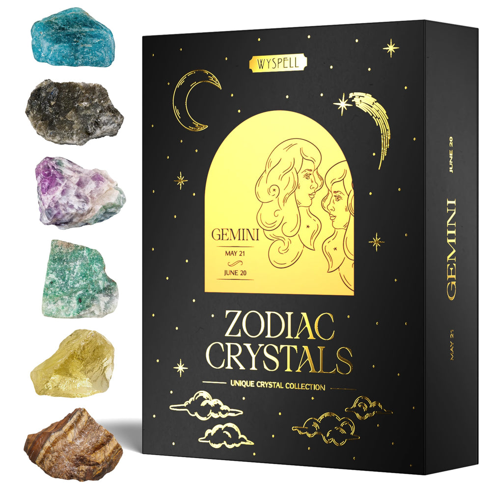 Wyspell Gemini Crystal Set in gift box with gold stamp, a refined astrology gift