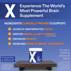 X focus-energy capsules pictured for sustained attention during work.