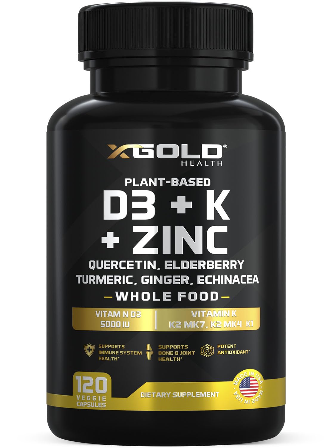 X Gold Health 8-in-1 bottle with vegan capsules for daily wellness.