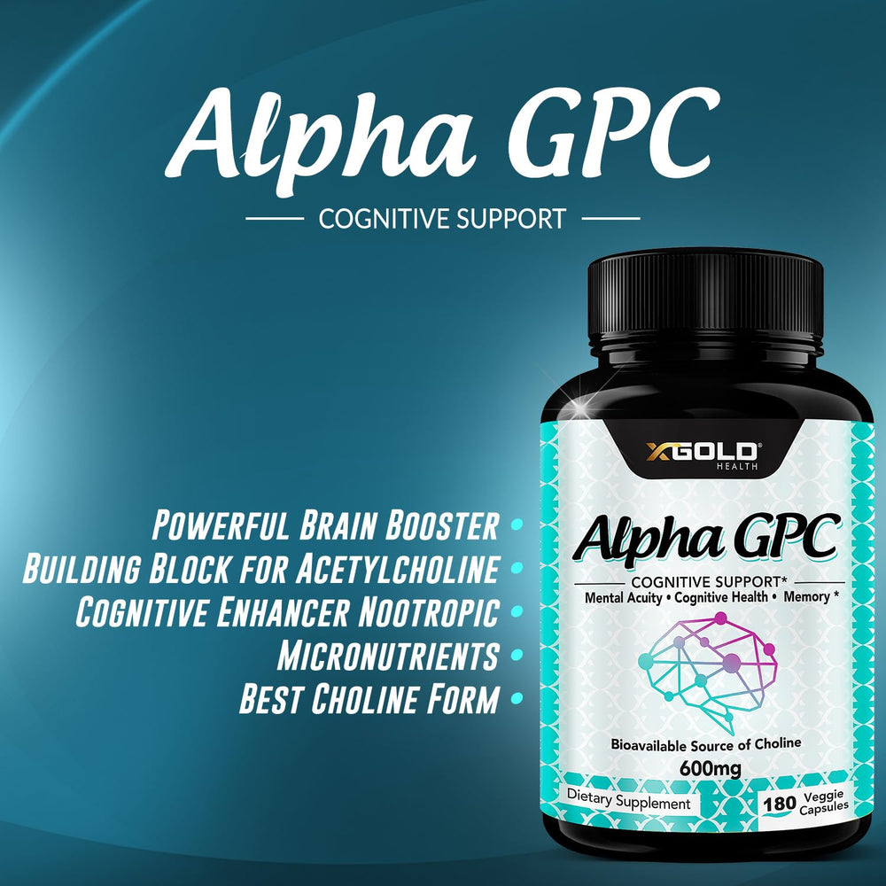 X Gold Health Alpha GPC 600mg bottle on a desk with water nearby.