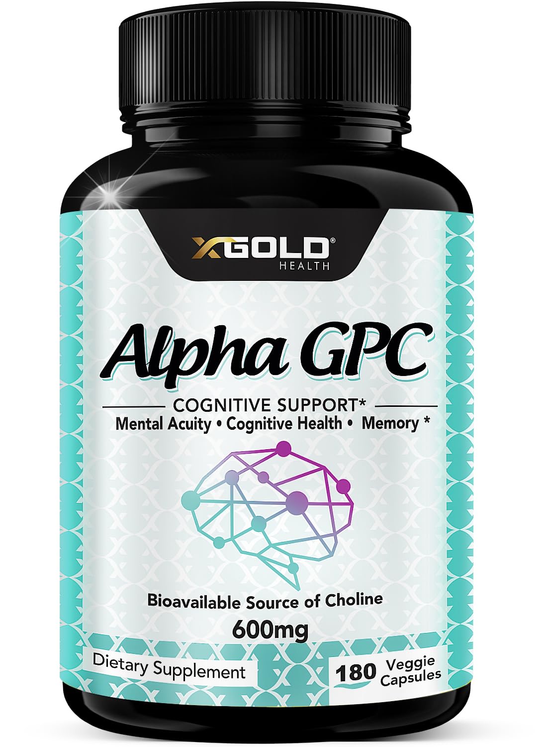 X Gold Health Alpha GPC 600mg bottle on desk for focus support.