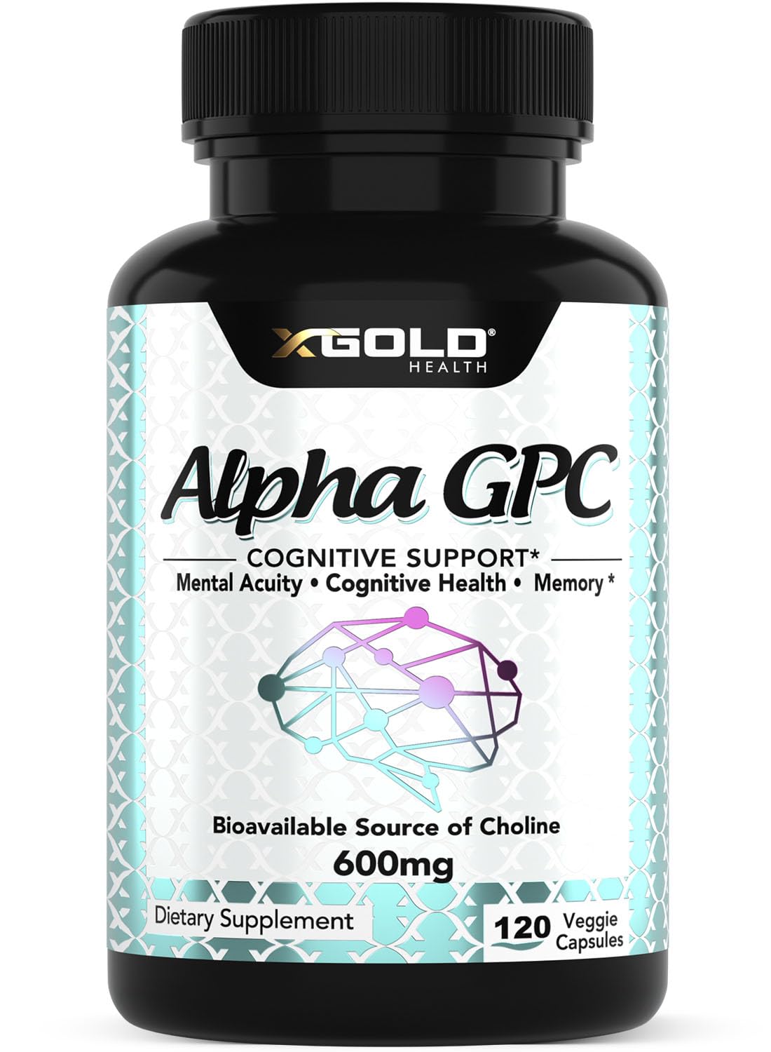 X Gold Health Alpha GPC 600mg bottle signaling a premium nootropic for focus.