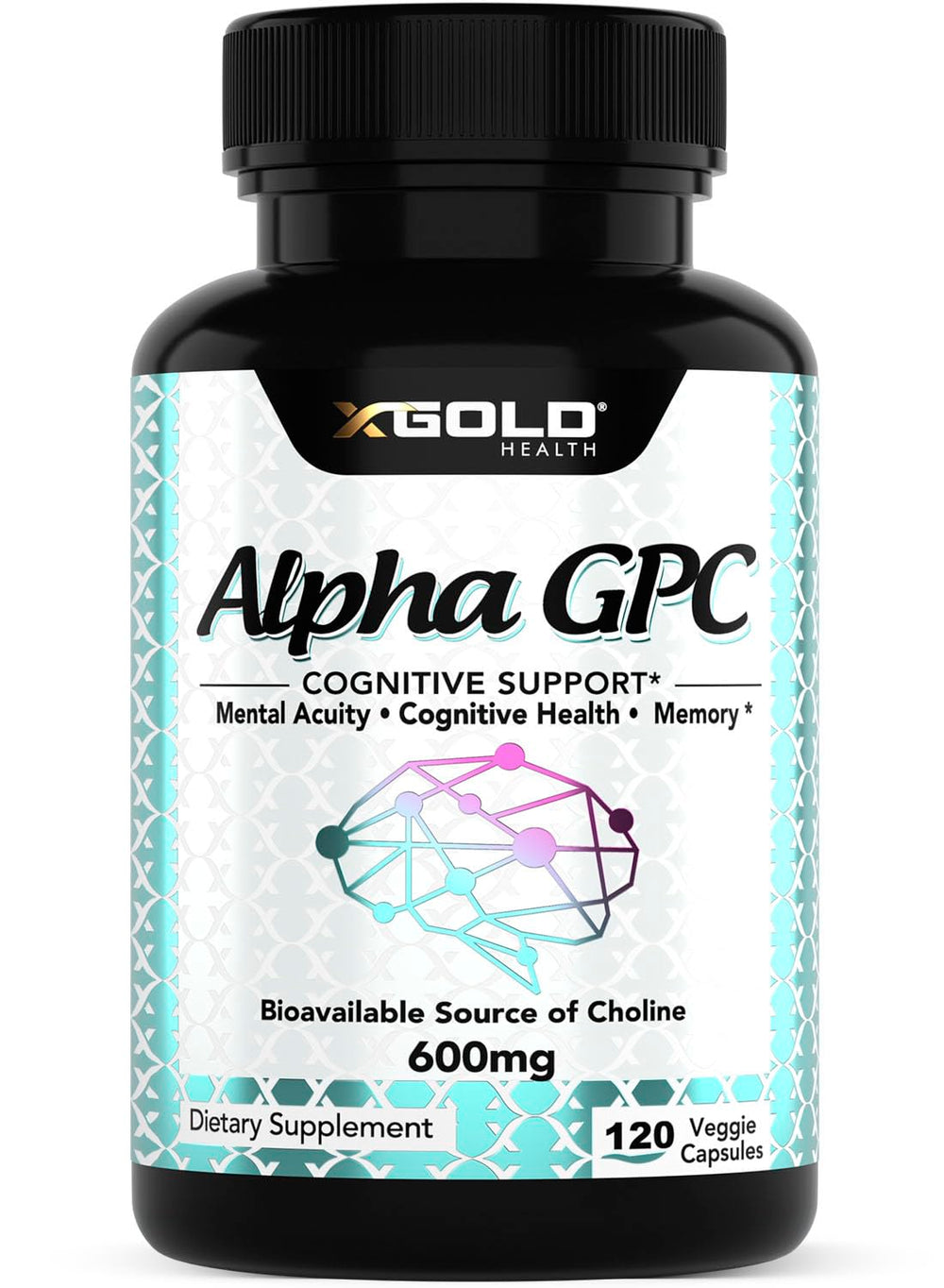 X Gold Health Alpha GPC 600mg bottle signaling a premium nootropic for focus.