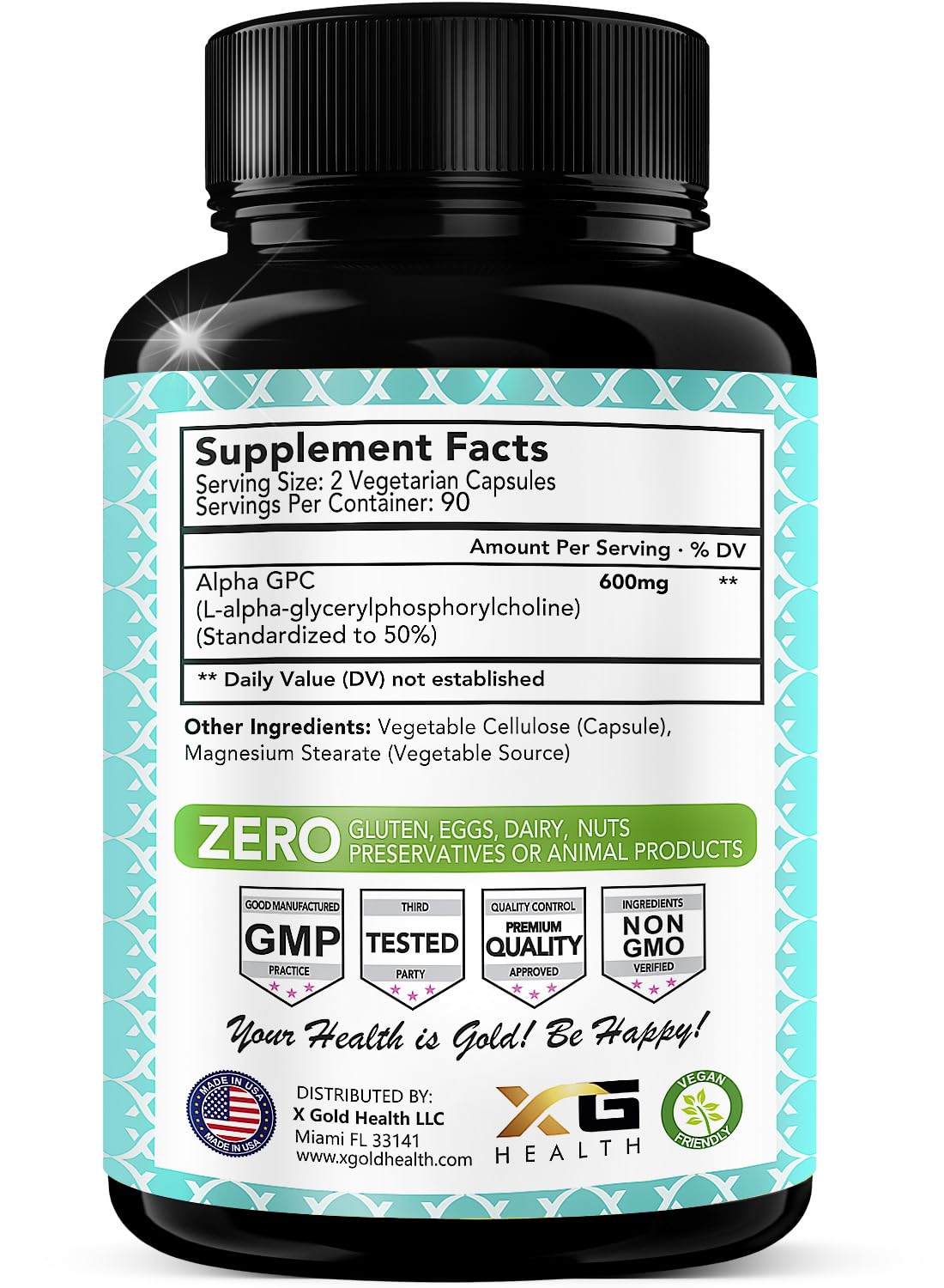 X Gold Health Alpha GPC 600mg capsules closeup for daily cognitive boost.
