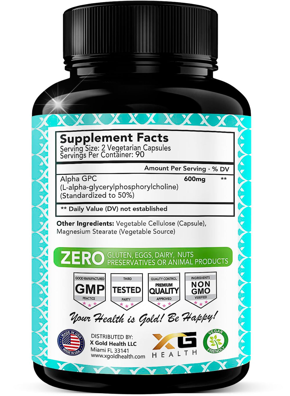 X Gold Health Alpha GPC 600mg capsules closeup for daily cognitive boost.