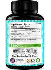 X Gold Health Alpha GPC 600mg capsules closeup for daily cognitive boost.
