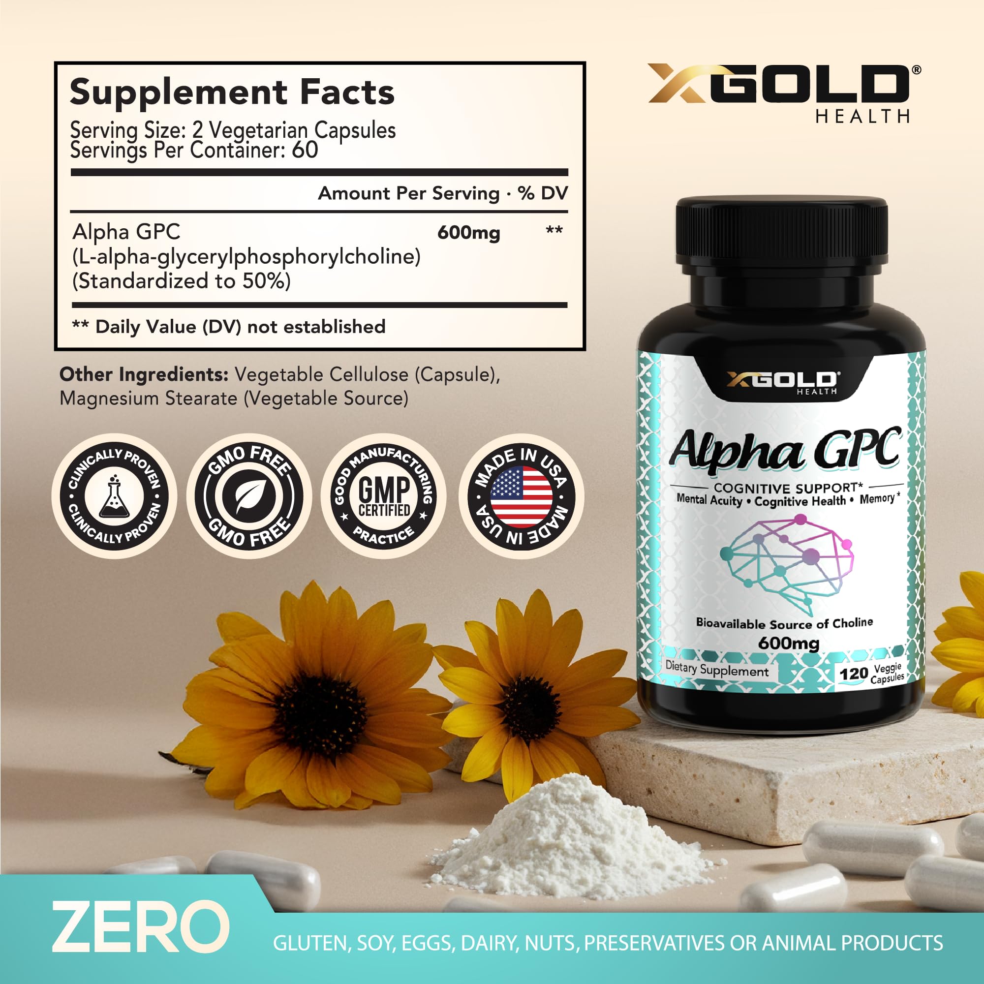 Close-up of X Gold Health Alpha GPC 600mg capsules, daily brain-boosting option.