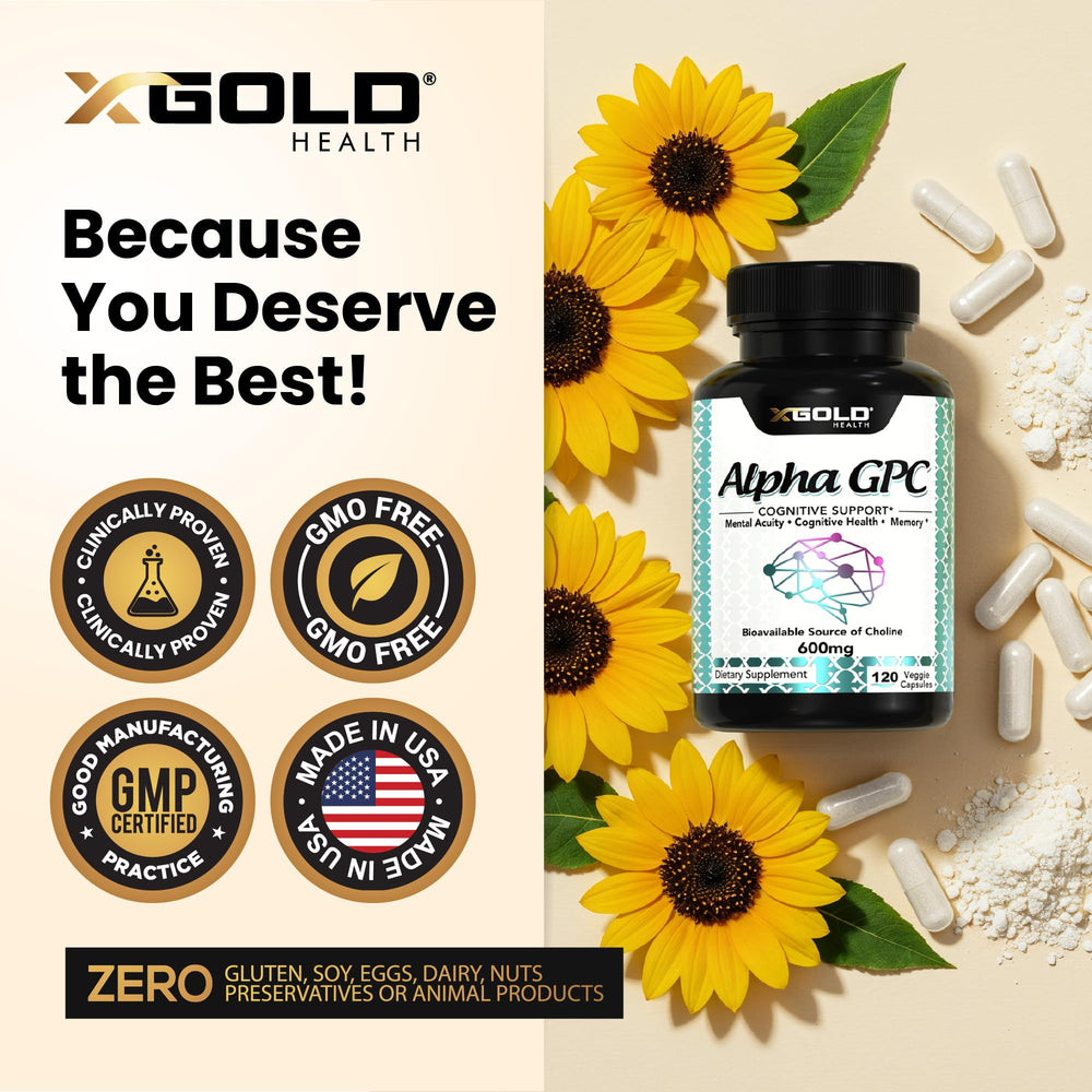 Dietary supplement bottle from X Gold Health available as a vegan, gluten-free option.