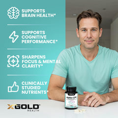 Ingredient panel highlighting high-bioavailability choline in X Gold Health Alpha GPC 600mg.