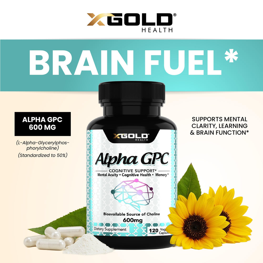 Label of X Gold Health Alpha GPC 600mg shows purity and high-quality ingredients.