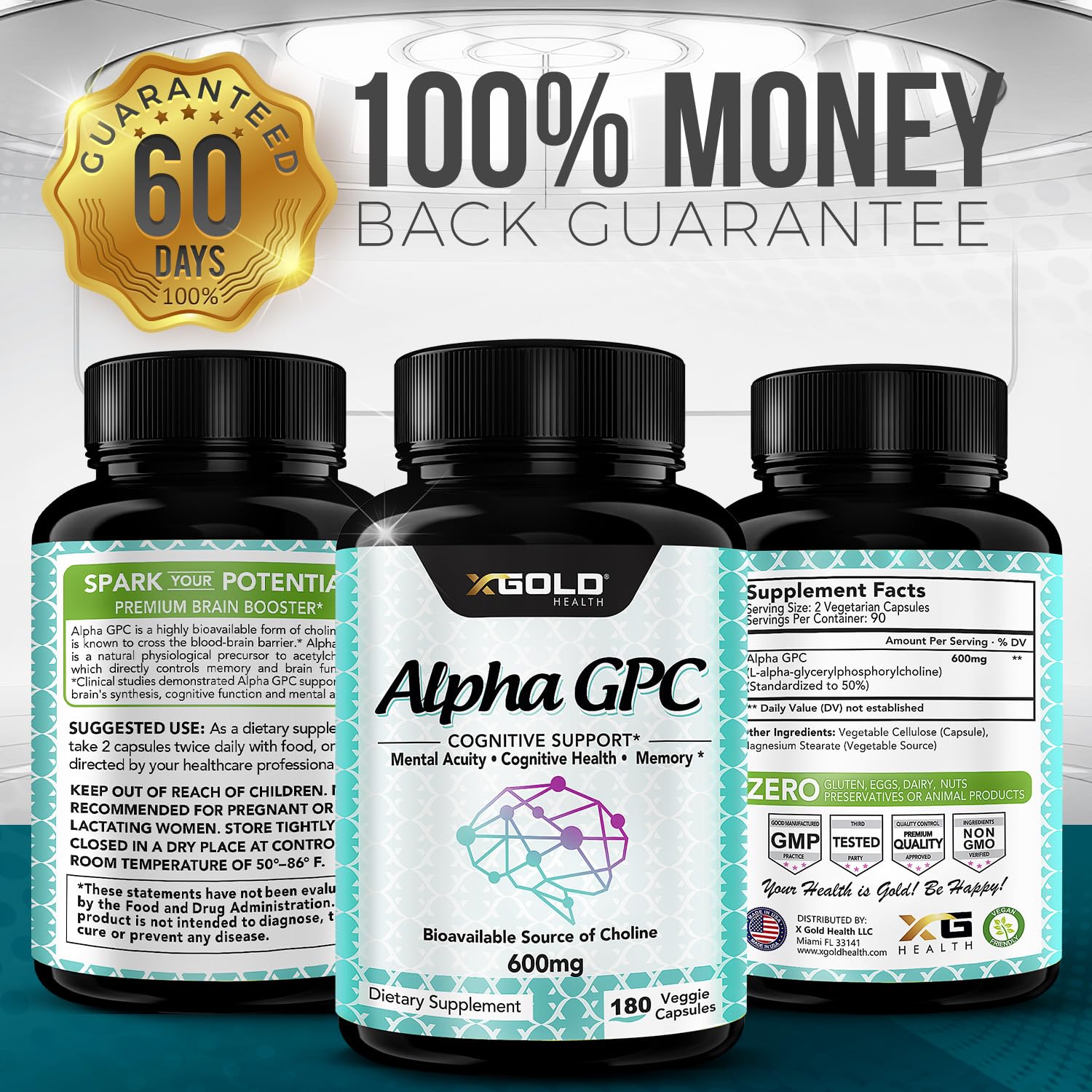X Gold Health Alpha GPC 600mg lifestyle shot suggesting focus and mood.