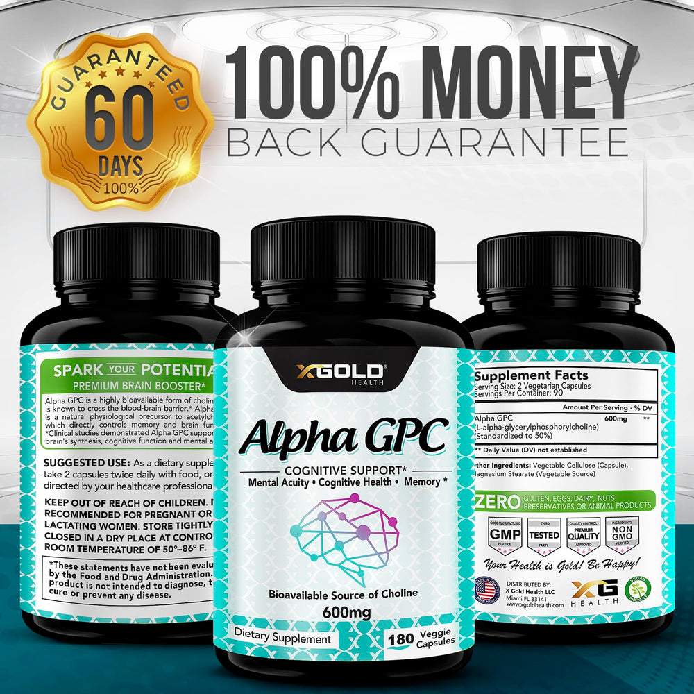 X Gold Health Alpha GPC 600mg lifestyle shot suggesting focus and mood.