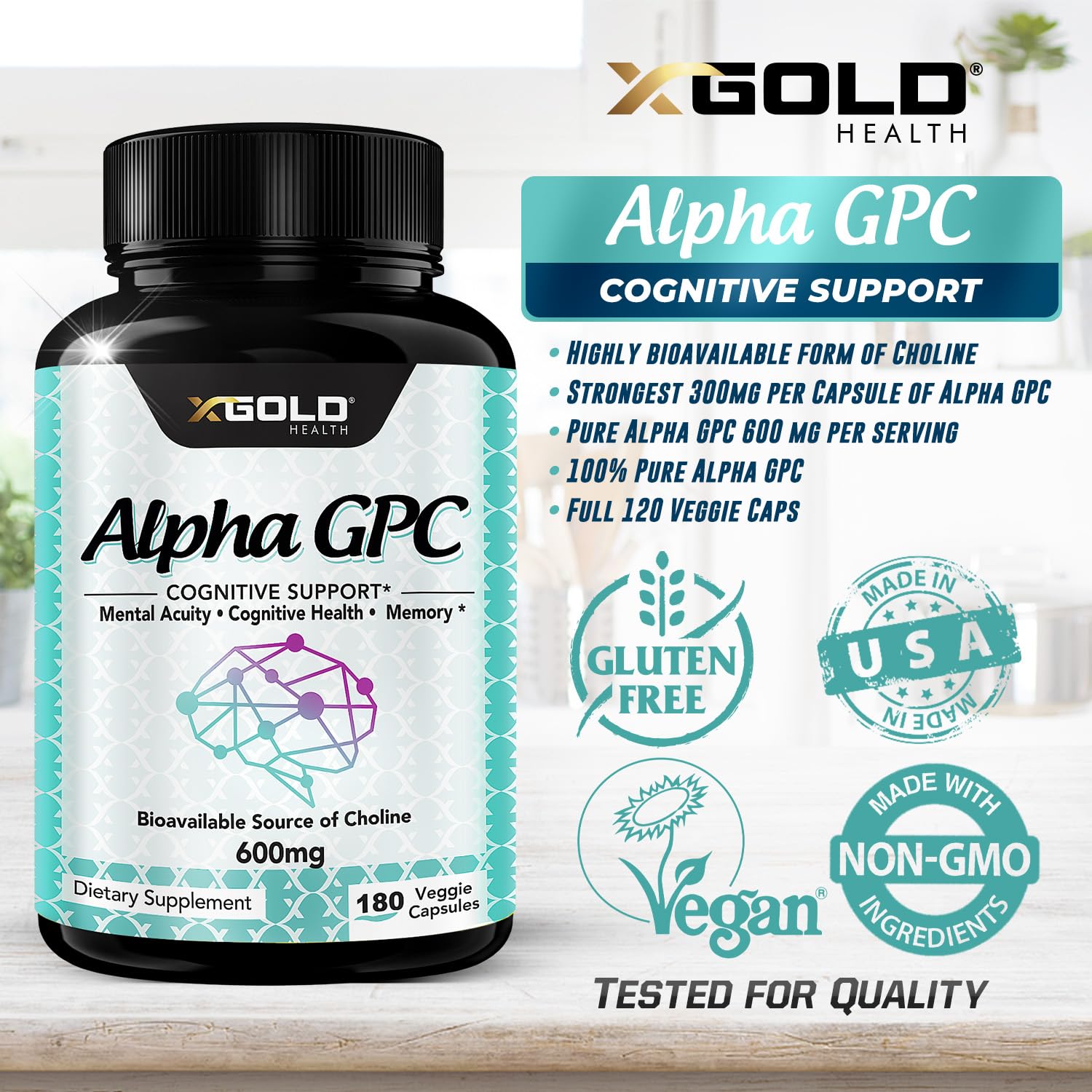 X Gold Health Alpha GPC 600mg bottle being poured into a glass.
