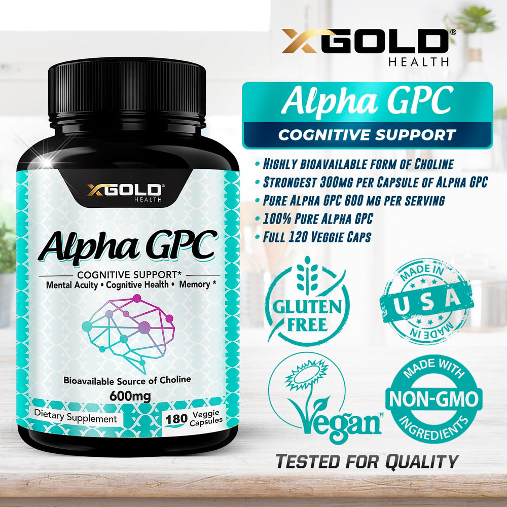 X Gold Health Alpha GPC 600mg bottle being poured into a glass.