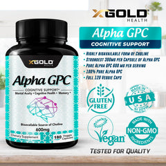 X Gold Health Alpha GPC 600mg bottle being poured into a glass.