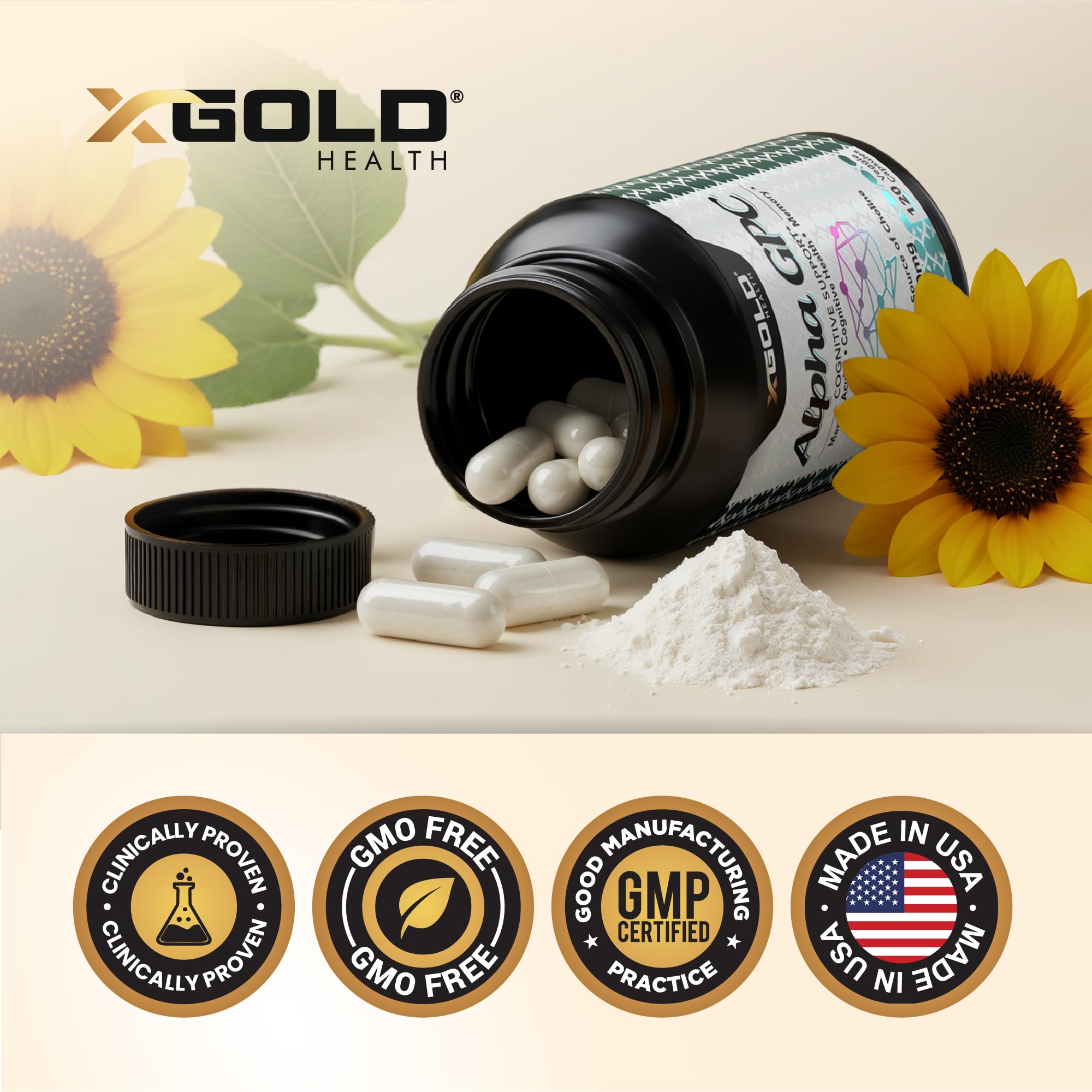 Pouring capsules illustrates simple daily intake with X Gold Health Alpha GPC 600mg.
