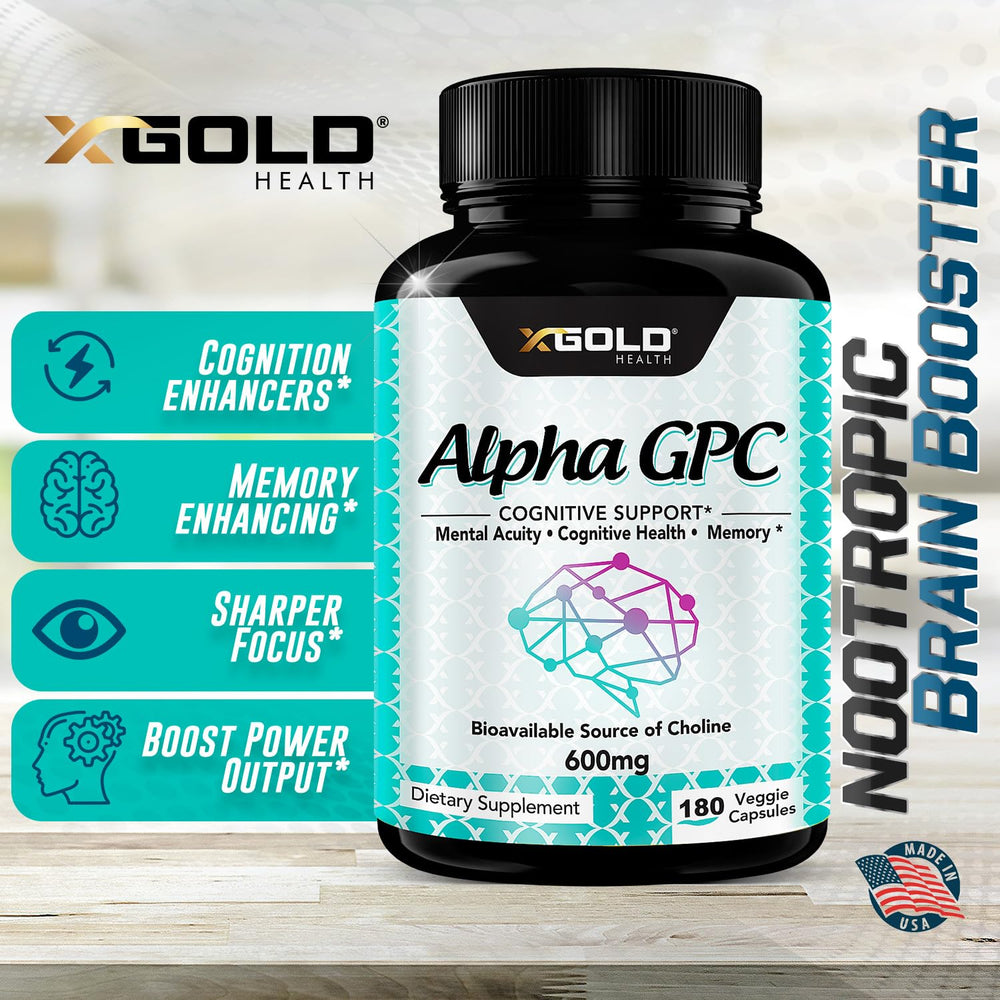 X Gold Health Alpha GPC 600mg vegan packaging highlights natural formulation.