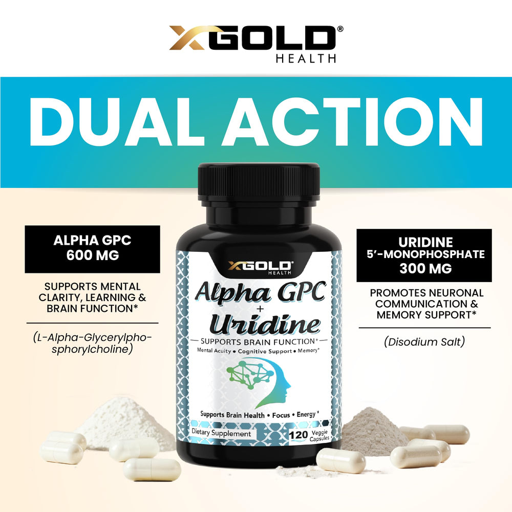 X Gold Health Alpha GPC Uridine bottle opened with capsules ready to take.
