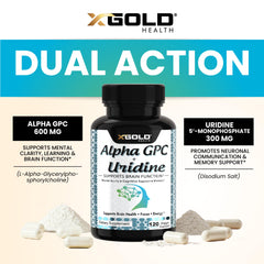 X Gold Health Alpha GPC Uridine bottle opened with capsules ready to take.
