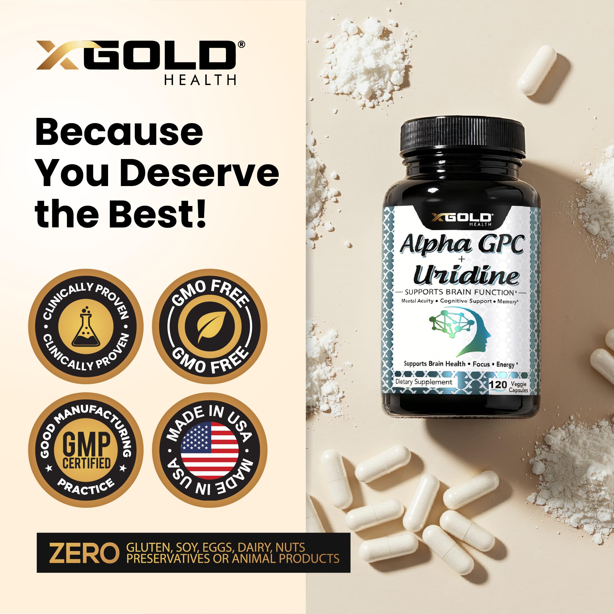 X Gold Health Alpha GPC Uridine bottle side view for packaging clarity.