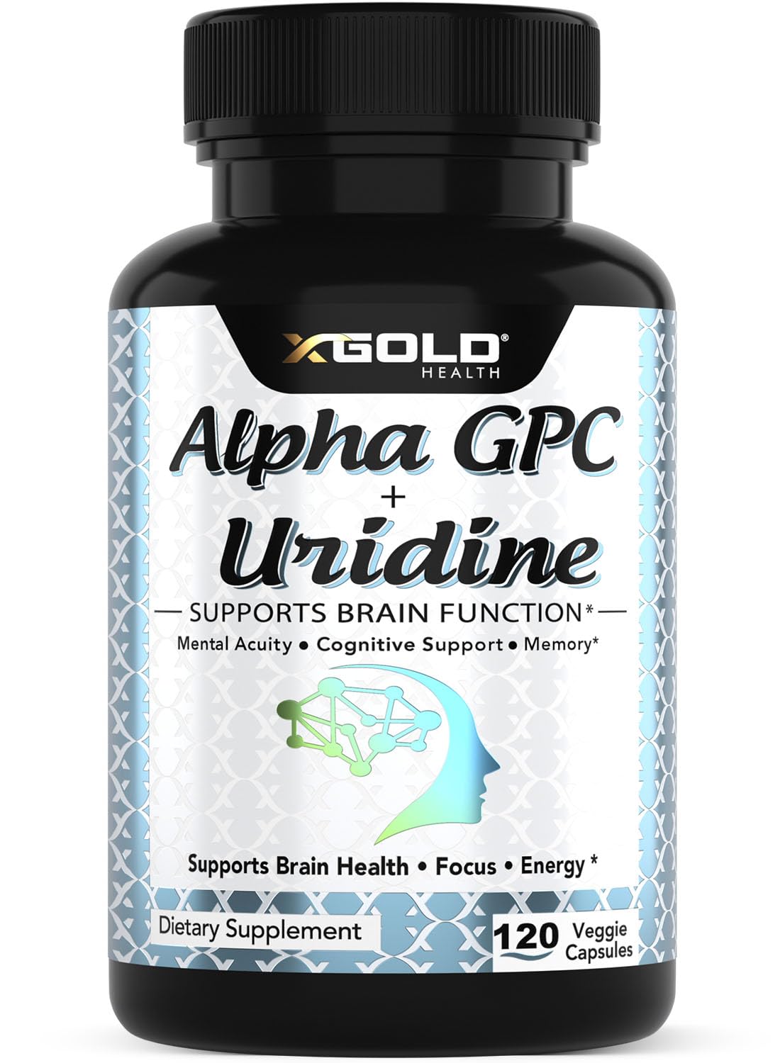 X Gold Health Alpha GPC and Uridine capsules on bottle, supports focus and memory.
