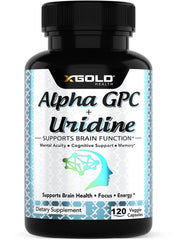 X Gold Health Alpha GPC and Uridine capsules on bottle, supports focus and memory.